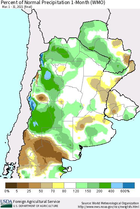 Southern South America Percent of Normal Precipitation 1-Month (WMO) Thematic Map For 3/1/2021 - 3/31/2021