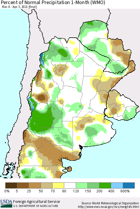 Southern South America Percent of Normal Precipitation 1-Month (WMO) Thematic Map For 3/6/2021 - 4/5/2021