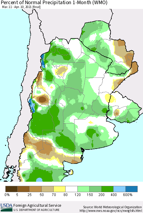 Southern South America Percent of Normal Precipitation 1-Month (WMO) Thematic Map For 3/11/2021 - 4/10/2021
