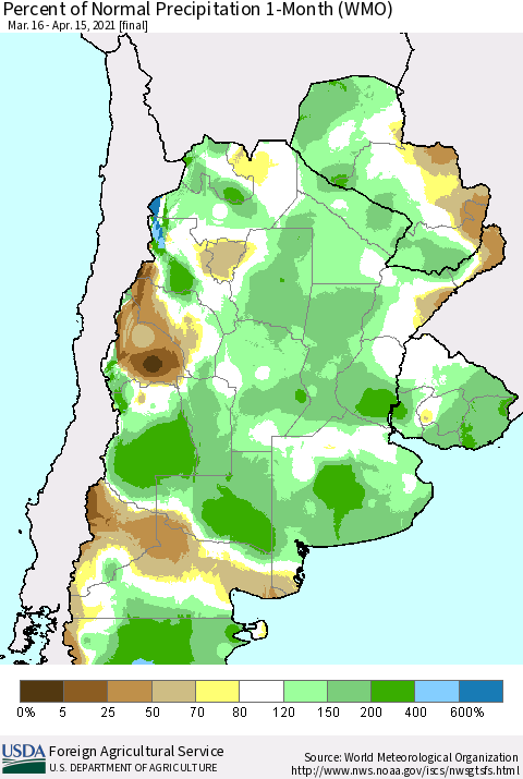 Southern South America Percent of Normal Precipitation 1-Month (WMO) Thematic Map For 3/16/2021 - 4/15/2021