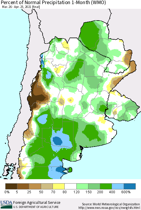 Southern South America Percent of Normal Precipitation 1-Month (WMO) Thematic Map For 3/26/2021 - 4/25/2021