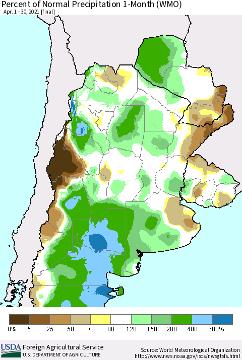 Southern South America Percent of Normal Precipitation 1-Month (WMO) Thematic Map For 4/1/2021 - 4/30/2021