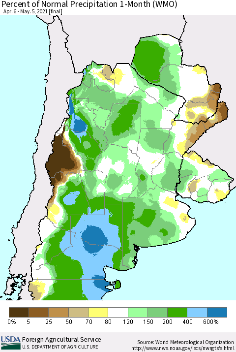 Southern South America Percent of Normal Precipitation 1-Month (WMO) Thematic Map For 4/6/2021 - 5/5/2021