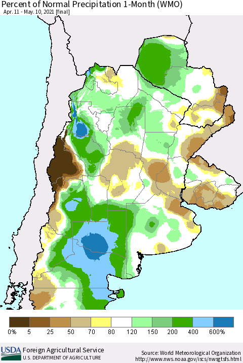Southern South America Percent of Normal Precipitation 1-Month (WMO) Thematic Map For 4/11/2021 - 5/10/2021