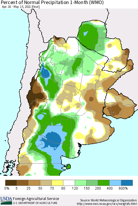 Southern South America Percent of Normal Precipitation 1-Month (WMO) Thematic Map For 4/16/2021 - 5/15/2021