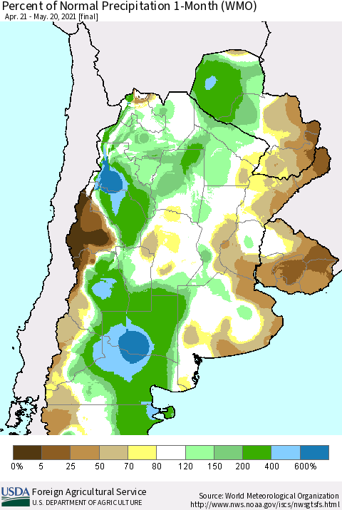 Southern South America Percent of Normal Precipitation 1-Month (WMO) Thematic Map For 4/21/2021 - 5/20/2021