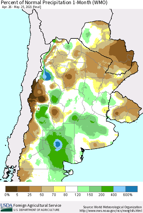 Southern South America Percent of Normal Precipitation 1-Month (WMO) Thematic Map For 4/26/2021 - 5/25/2021