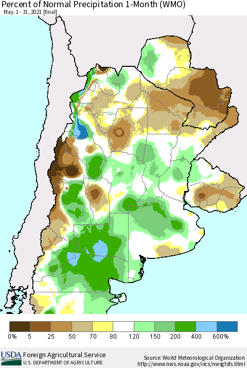 Southern South America Percent of Normal Precipitation 1-Month (WMO) Thematic Map For 5/1/2021 - 5/31/2021