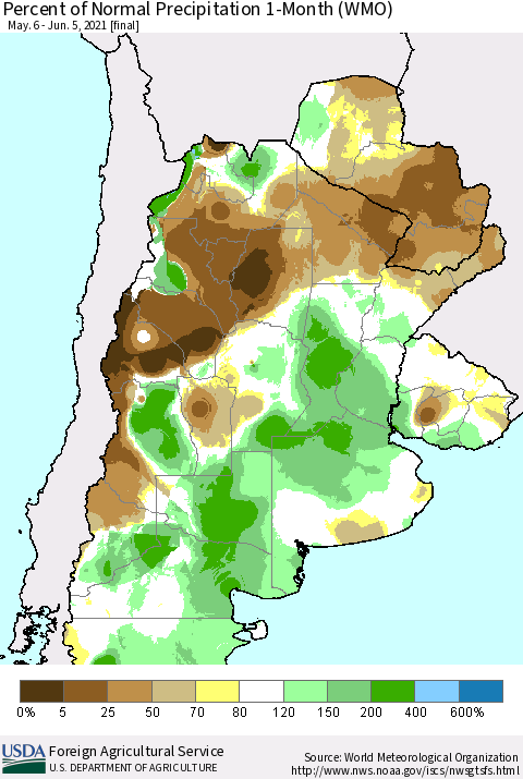 Southern South America Percent of Normal Precipitation 1-Month (WMO) Thematic Map For 5/6/2021 - 6/5/2021