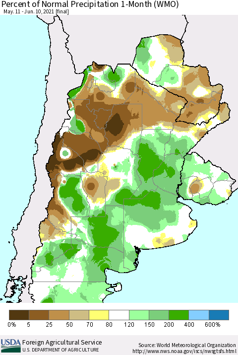 Southern South America Percent of Normal Precipitation 1-Month (WMO) Thematic Map For 5/11/2021 - 6/10/2021
