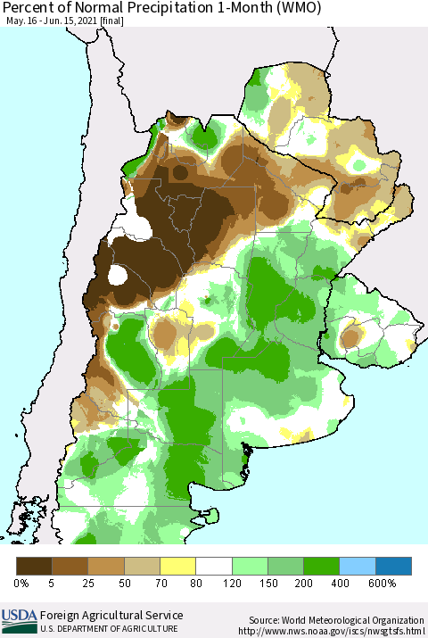Southern South America Percent of Normal Precipitation 1-Month (WMO) Thematic Map For 5/16/2021 - 6/15/2021