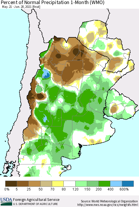Southern South America Percent of Normal Precipitation 1-Month (WMO) Thematic Map For 5/21/2021 - 6/20/2021