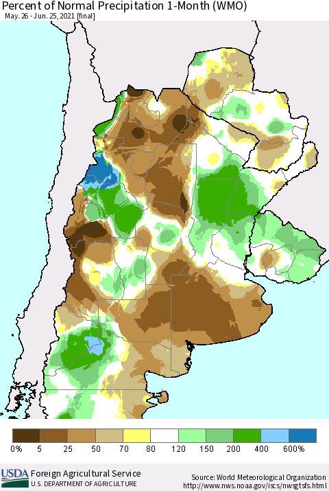 Southern South America Percent of Normal Precipitation 1-Month (WMO) Thematic Map For 5/26/2021 - 6/25/2021
