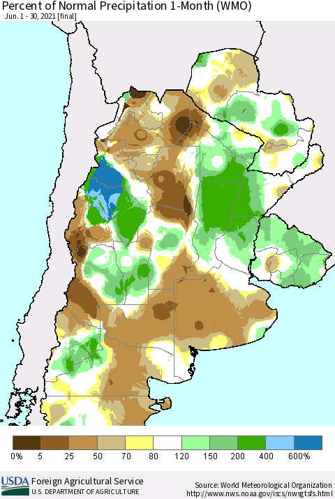 Southern South America Percent of Normal Precipitation 1-Month (WMO) Thematic Map For 6/1/2021 - 6/30/2021