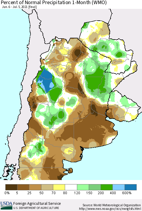 Southern South America Percent of Normal Precipitation 1-Month (WMO) Thematic Map For 6/6/2021 - 7/5/2021