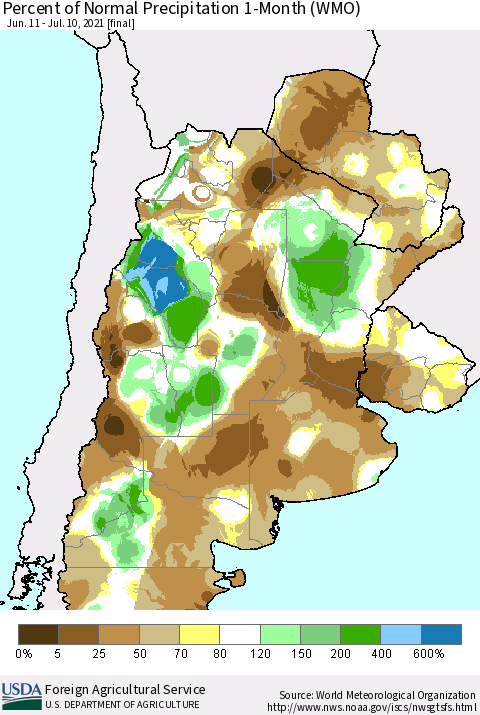 Southern South America Percent of Normal Precipitation 1-Month (WMO) Thematic Map For 6/11/2021 - 7/10/2021