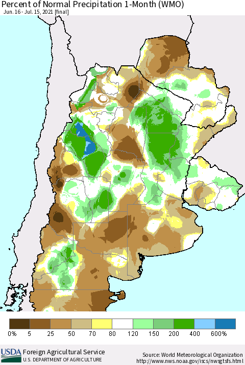 Southern South America Percent of Normal Precipitation 1-Month (WMO) Thematic Map For 6/16/2021 - 7/15/2021