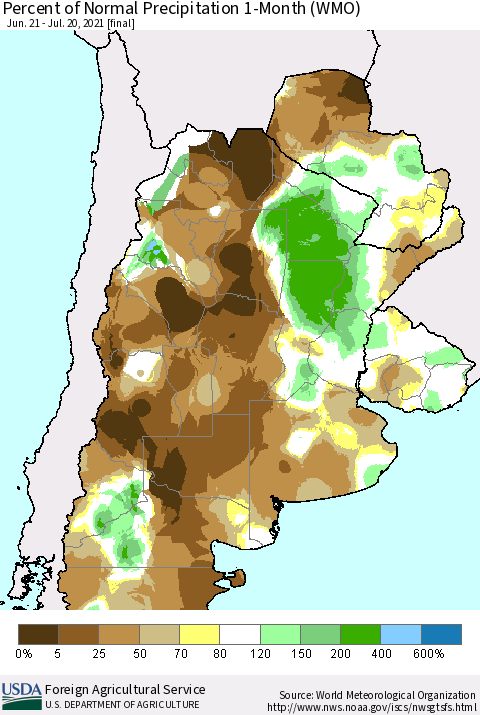 Southern South America Percent of Normal Precipitation 1-Month (WMO) Thematic Map For 6/21/2021 - 7/20/2021