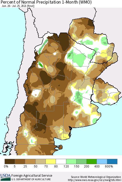 Southern South America Percent of Normal Precipitation 1-Month (WMO) Thematic Map For 6/26/2021 - 7/25/2021