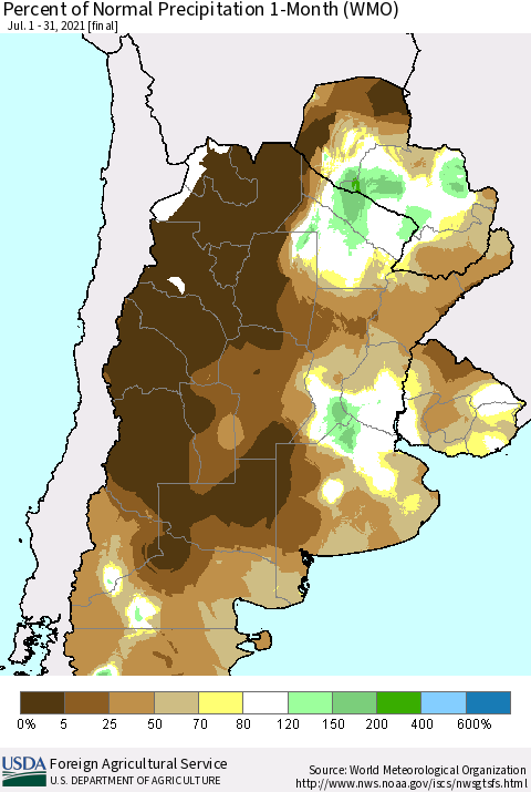 Southern South America Percent of Normal Precipitation 1-Month (WMO) Thematic Map For 7/1/2021 - 7/31/2021