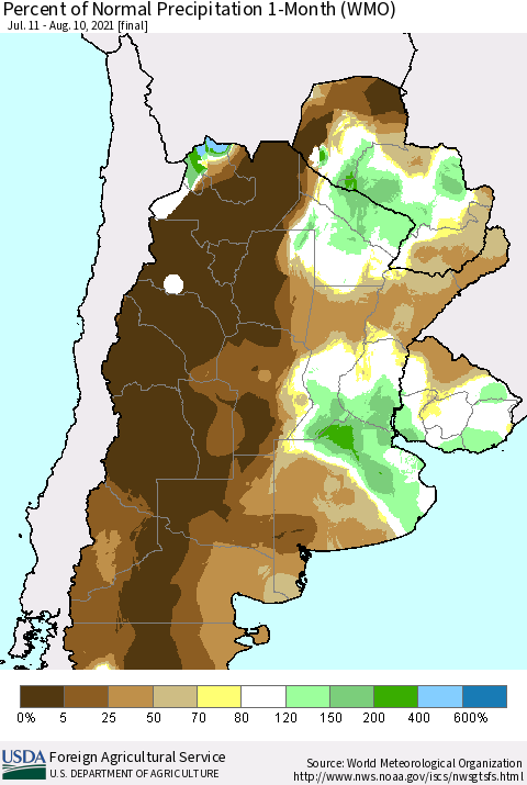 Southern South America Percent of Normal Precipitation 1-Month (WMO) Thematic Map For 7/11/2021 - 8/10/2021