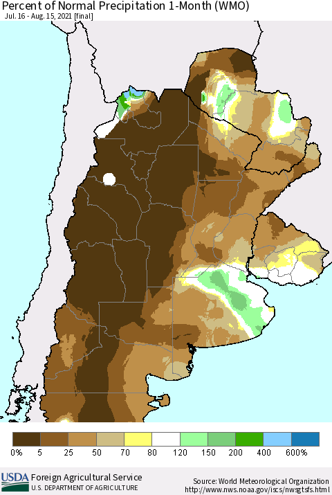 Southern South America Percent of Normal Precipitation 1-Month (WMO) Thematic Map For 7/16/2021 - 8/15/2021