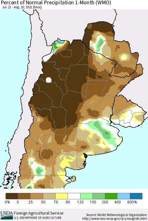 Southern South America Percent of Normal Precipitation 1-Month (WMO) Thematic Map For 7/21/2021 - 8/20/2021