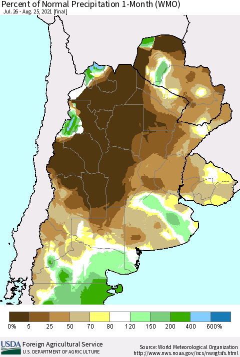Southern South America Percent of Normal Precipitation 1-Month (WMO) Thematic Map For 7/26/2021 - 8/25/2021