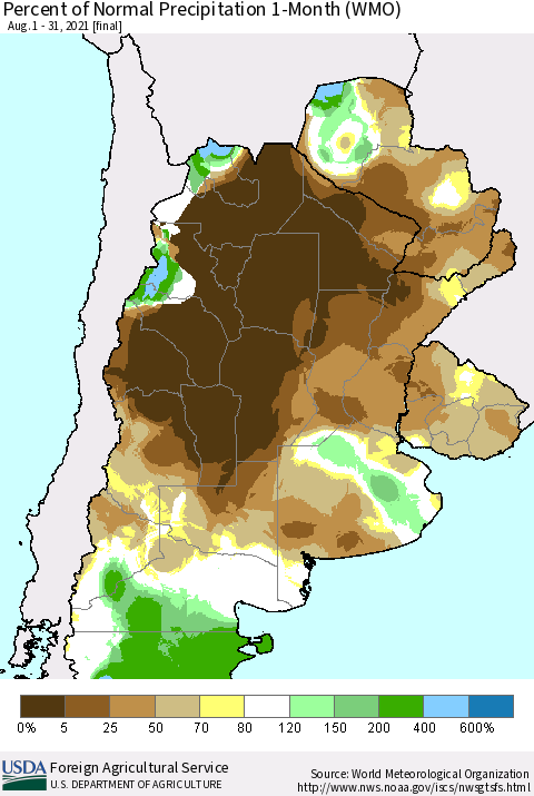 Southern South America Percent of Normal Precipitation 1-Month (WMO) Thematic Map For 8/1/2021 - 8/31/2021