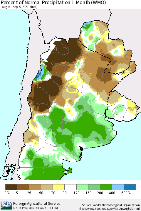 Southern South America Percent of Normal Precipitation 1-Month (WMO) Thematic Map For 8/6/2021 - 9/5/2021