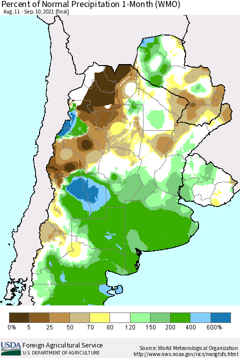 Southern South America Percent of Normal Precipitation 1-Month (WMO) Thematic Map For 8/11/2021 - 9/10/2021