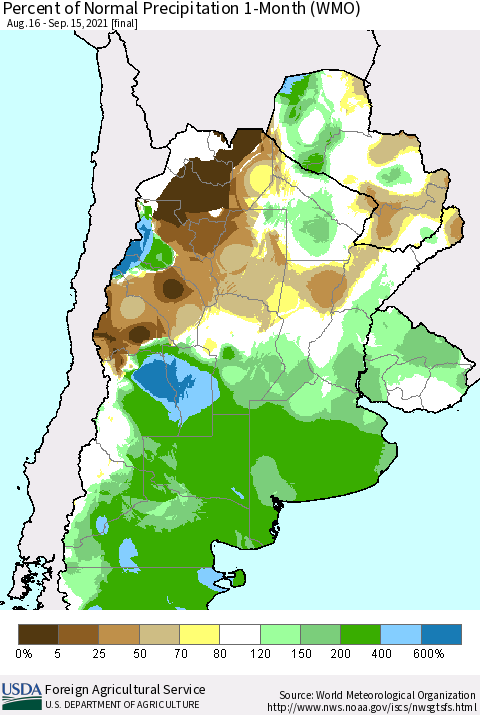 Southern South America Percent of Normal Precipitation 1-Month (WMO) Thematic Map For 8/16/2021 - 9/15/2021