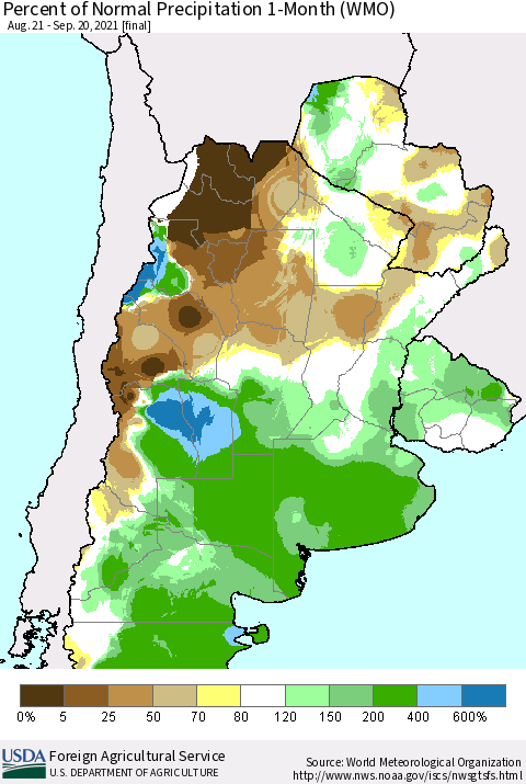 Southern South America Percent of Normal Precipitation 1-Month (WMO) Thematic Map For 8/21/2021 - 9/20/2021