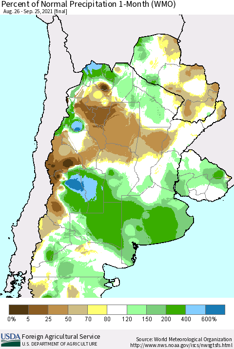 Southern South America Percent of Normal Precipitation 1-Month (WMO) Thematic Map For 8/26/2021 - 9/25/2021