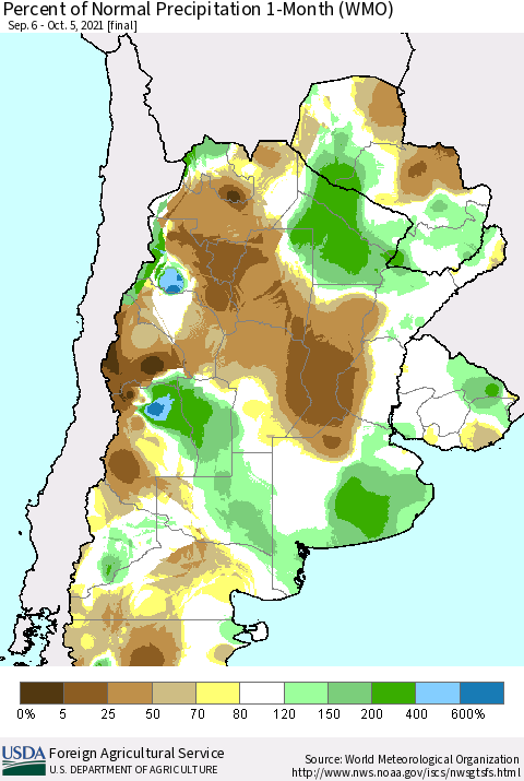 Southern South America Percent of Normal Precipitation 1-Month (WMO) Thematic Map For 9/6/2021 - 10/5/2021