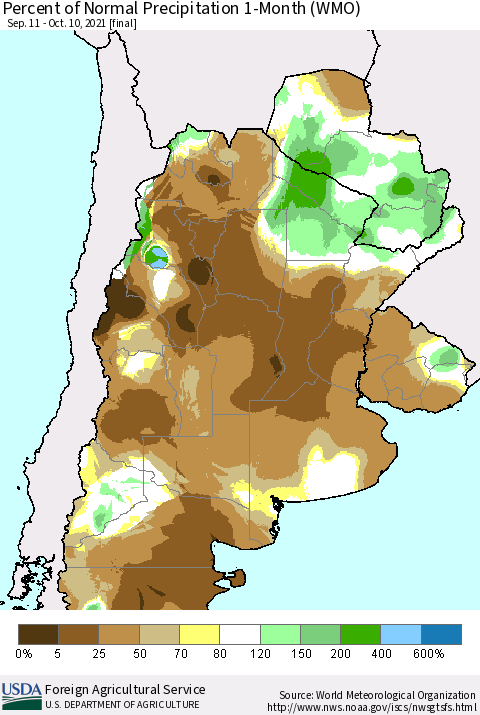 Southern South America Percent of Normal Precipitation 1-Month (WMO) Thematic Map For 9/11/2021 - 10/10/2021