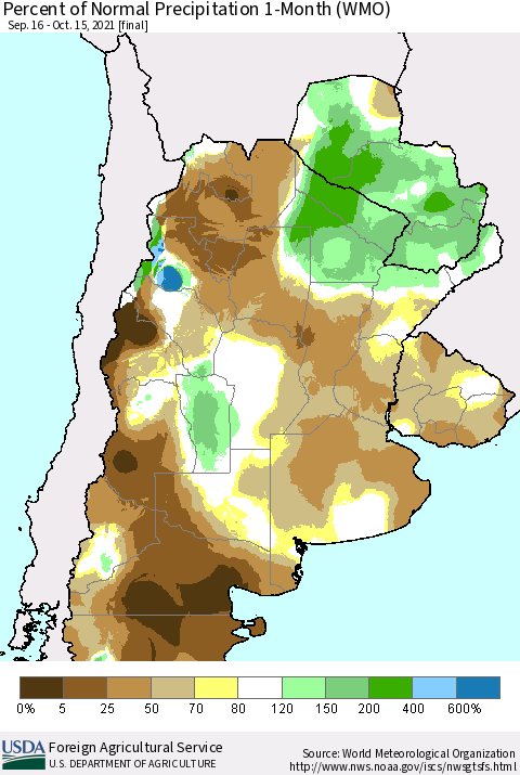 Southern South America Percent of Normal Precipitation 1-Month (WMO) Thematic Map For 9/16/2021 - 10/15/2021