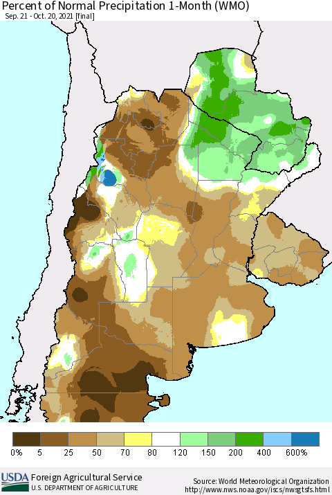 Southern South America Percent of Normal Precipitation 1-Month (WMO) Thematic Map For 9/21/2021 - 10/20/2021