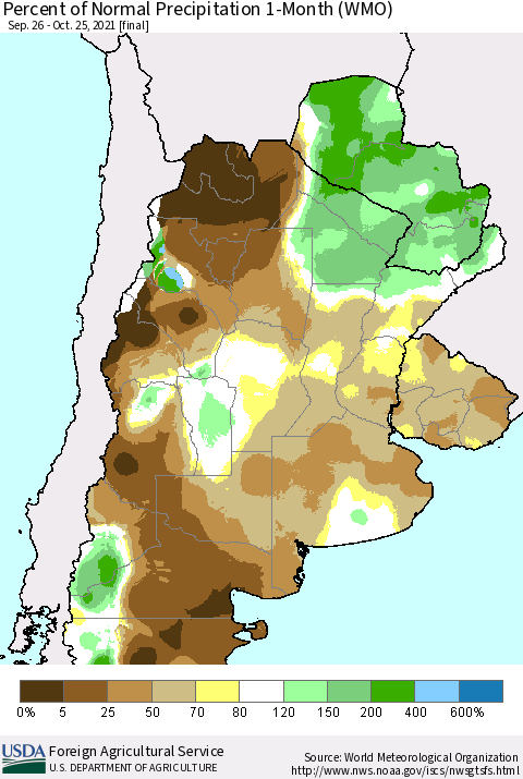 Southern South America Percent of Normal Precipitation 1-Month (WMO) Thematic Map For 9/26/2021 - 10/25/2021