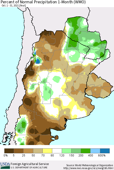 Southern South America Percent of Normal Precipitation 1-Month (WMO) Thematic Map For 10/1/2021 - 10/31/2021
