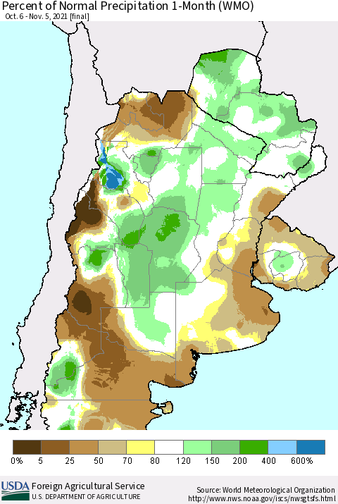 Southern South America Percent of Normal Precipitation 1-Month (WMO) Thematic Map For 10/6/2021 - 11/5/2021