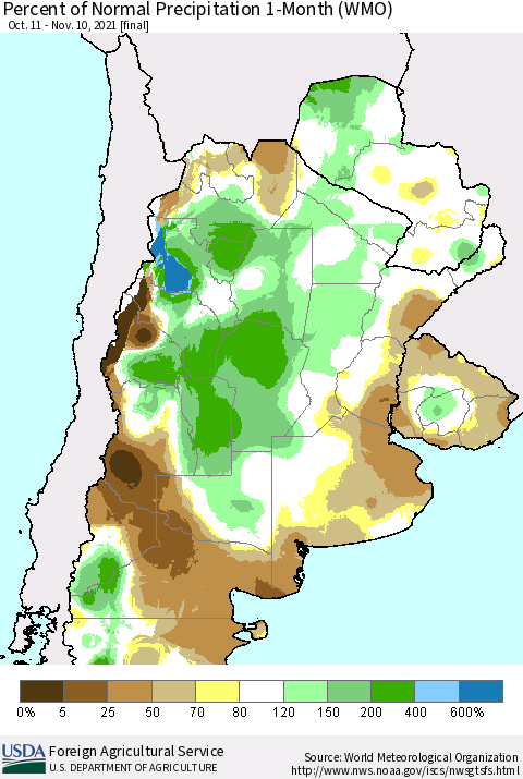 Southern South America Percent of Normal Precipitation 1-Month (WMO) Thematic Map For 10/11/2021 - 11/10/2021