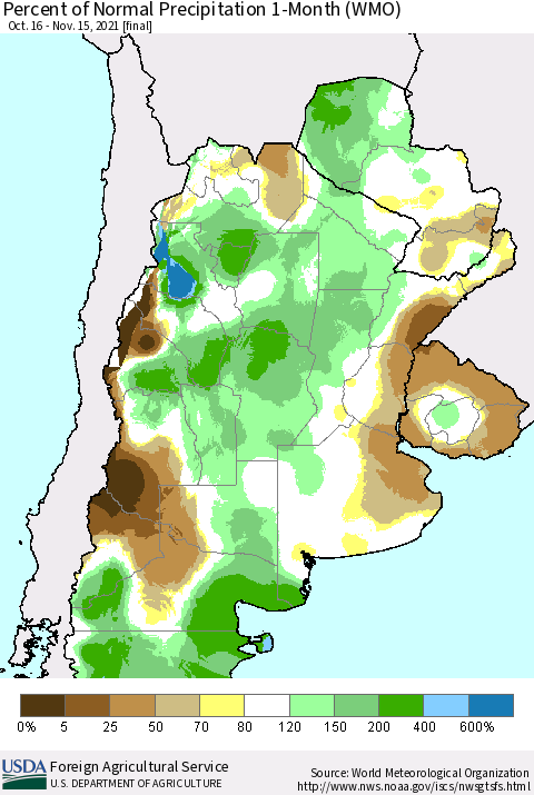 Southern South America Percent of Normal Precipitation 1-Month (WMO) Thematic Map For 10/16/2021 - 11/15/2021