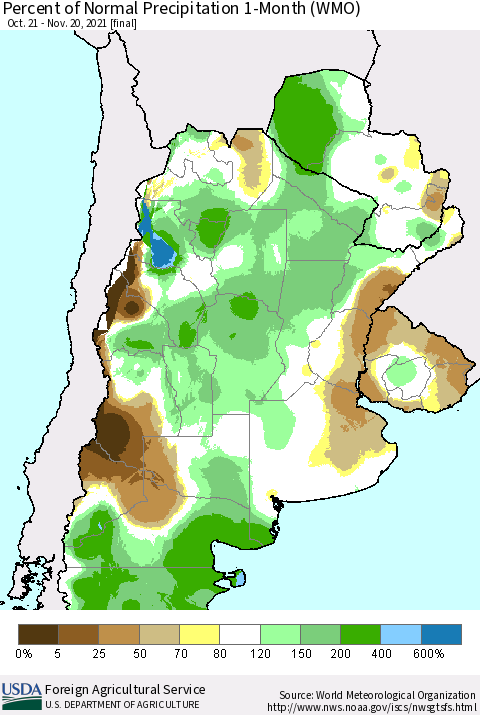 Southern South America Percent of Normal Precipitation 1-Month (WMO) Thematic Map For 10/21/2021 - 11/20/2021