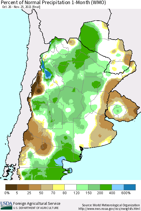 Southern South America Percent of Normal Precipitation 1-Month (WMO) Thematic Map For 10/26/2021 - 11/25/2021