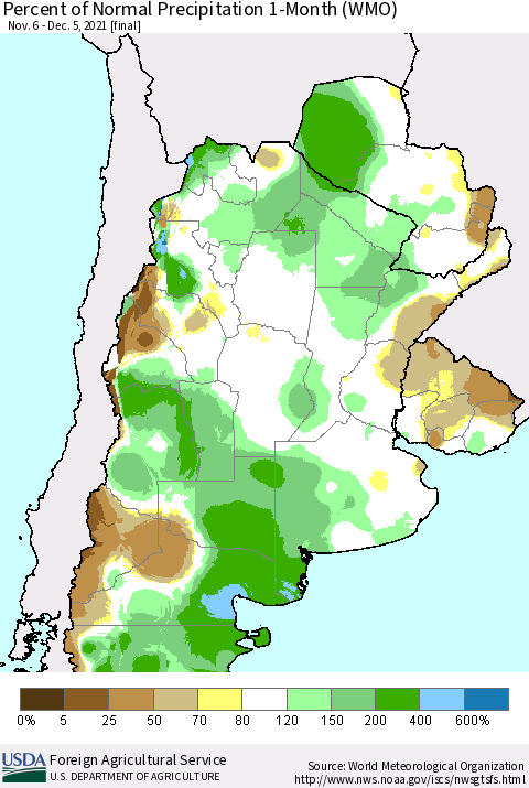 Southern South America Percent of Normal Precipitation 1-Month (WMO) Thematic Map For 11/6/2021 - 12/5/2021