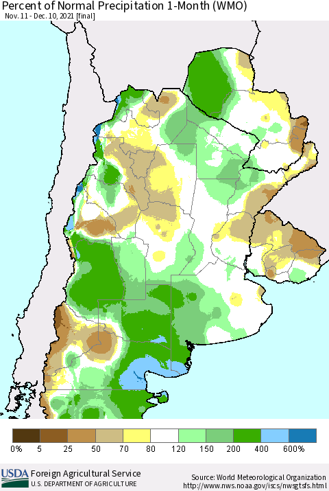 Southern South America Percent of Normal Precipitation 1-Month (WMO) Thematic Map For 11/11/2021 - 12/10/2021