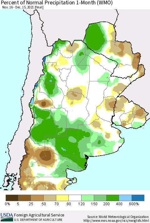 Southern South America Percent of Normal Precipitation 1-Month (WMO) Thematic Map For 11/16/2021 - 12/15/2021