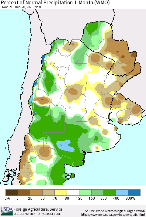 Southern South America Percent of Normal Precipitation 1-Month (WMO) Thematic Map For 11/21/2021 - 12/20/2021