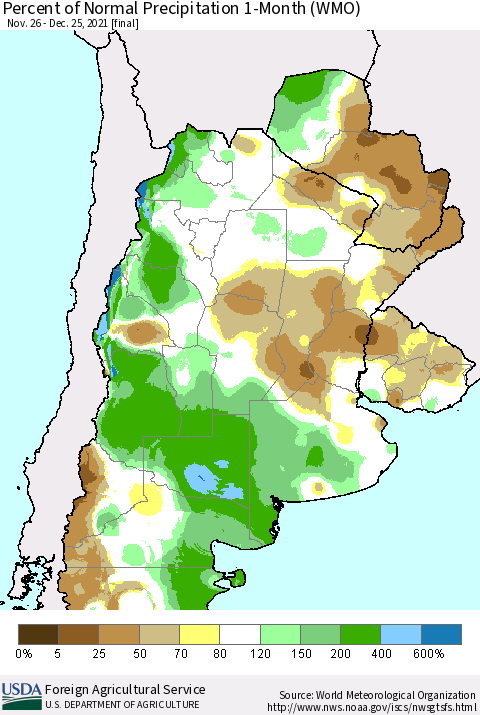 Southern South America Percent of Normal Precipitation 1-Month (WMO) Thematic Map For 11/26/2021 - 12/25/2021